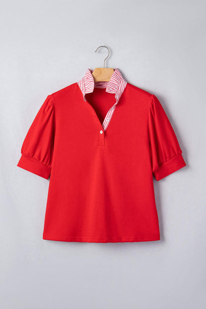 Sky Blue Striped Frilled Collar Short Sleeve Blouse