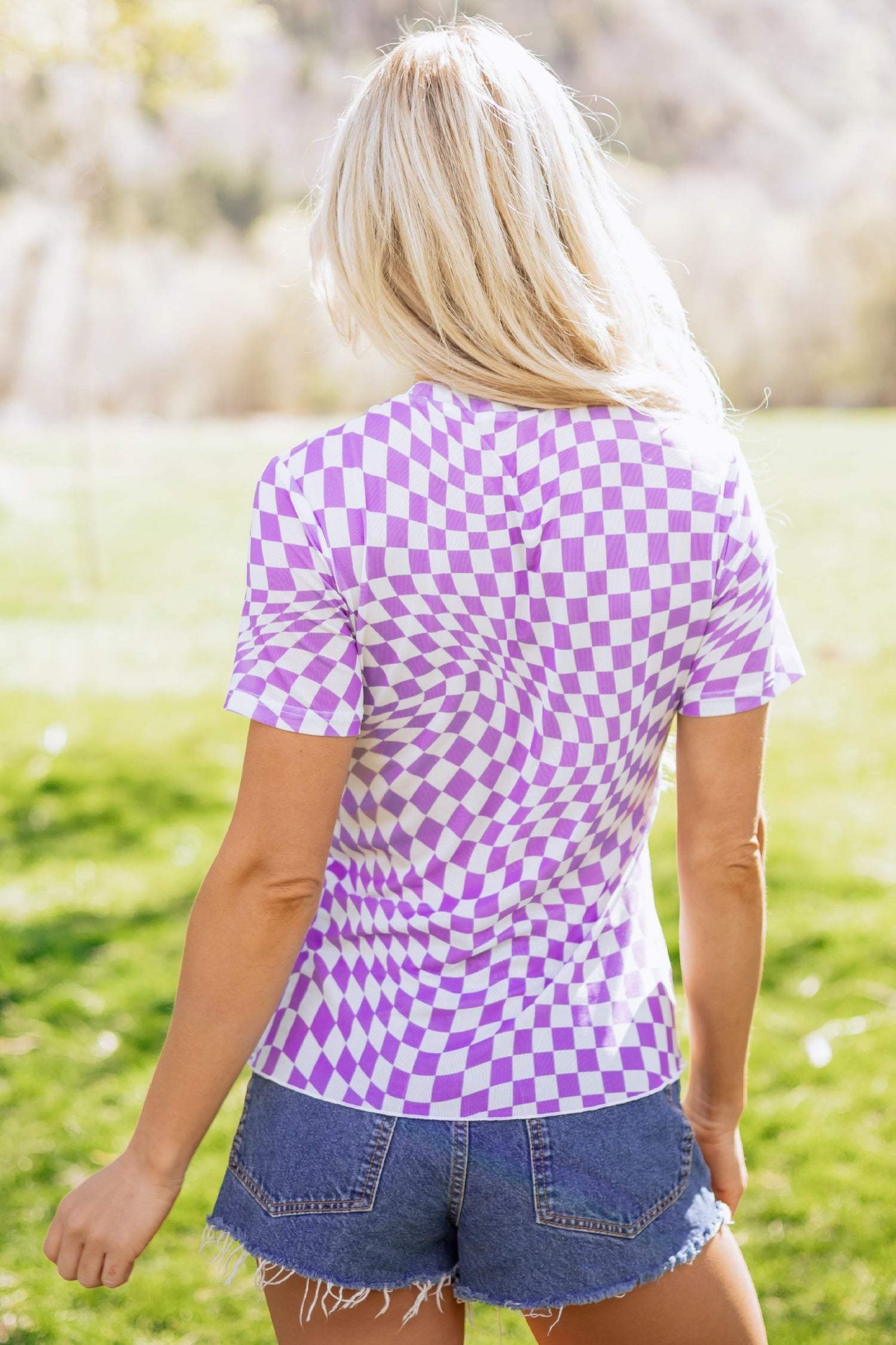 Orange Checkered Print Crew Neck Mesh T Shirt