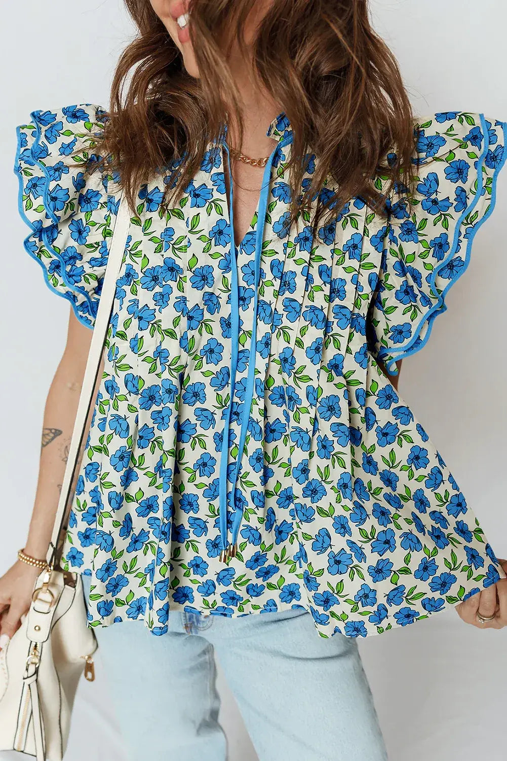 Sky Blue Tiered Flutter Sleeve Pleated Flower Blouse - Sweet Fashion Wholesale