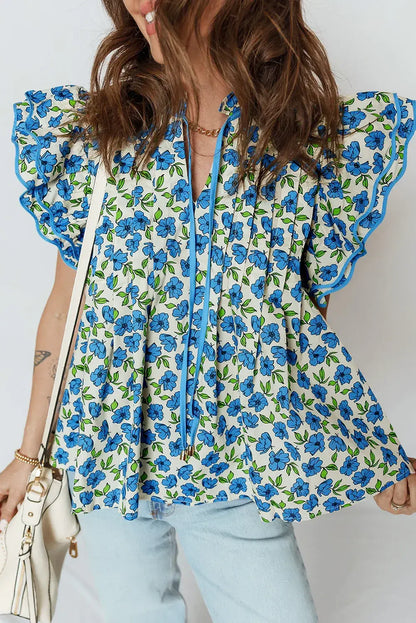 Sky Blue Tiered Flutter Sleeve Pleated Flower Blouse - Sweet Fashion Wholesale