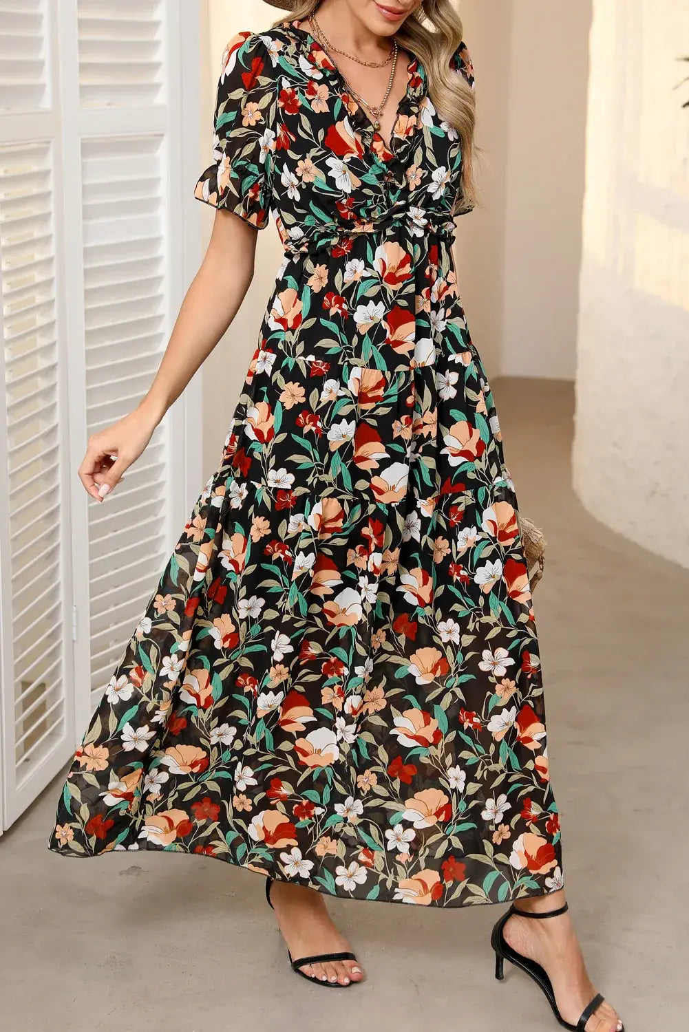 Multicolor Fiery Floral Print Frilled V Neck Short Sleeve Maxi Dress - Sweet Fashion Wholesale