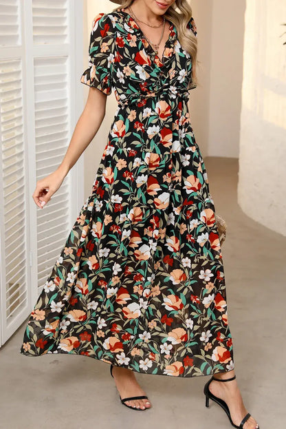 Multicolor Fiery Floral Print Frilled V Neck Short Sleeve Maxi Dress - Sweet Fashion Wholesale