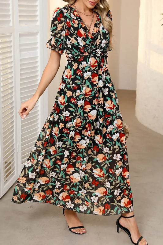 Multicolor Fiery Floral Print Frilled V Neck Short Sleeve Maxi Dress - Sweet Fashion Wholesale