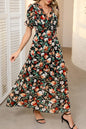 Multicolor Fiery Floral Print Frilled V Neck Short Sleeve Maxi Dress - Sweet Fashion Wholesale