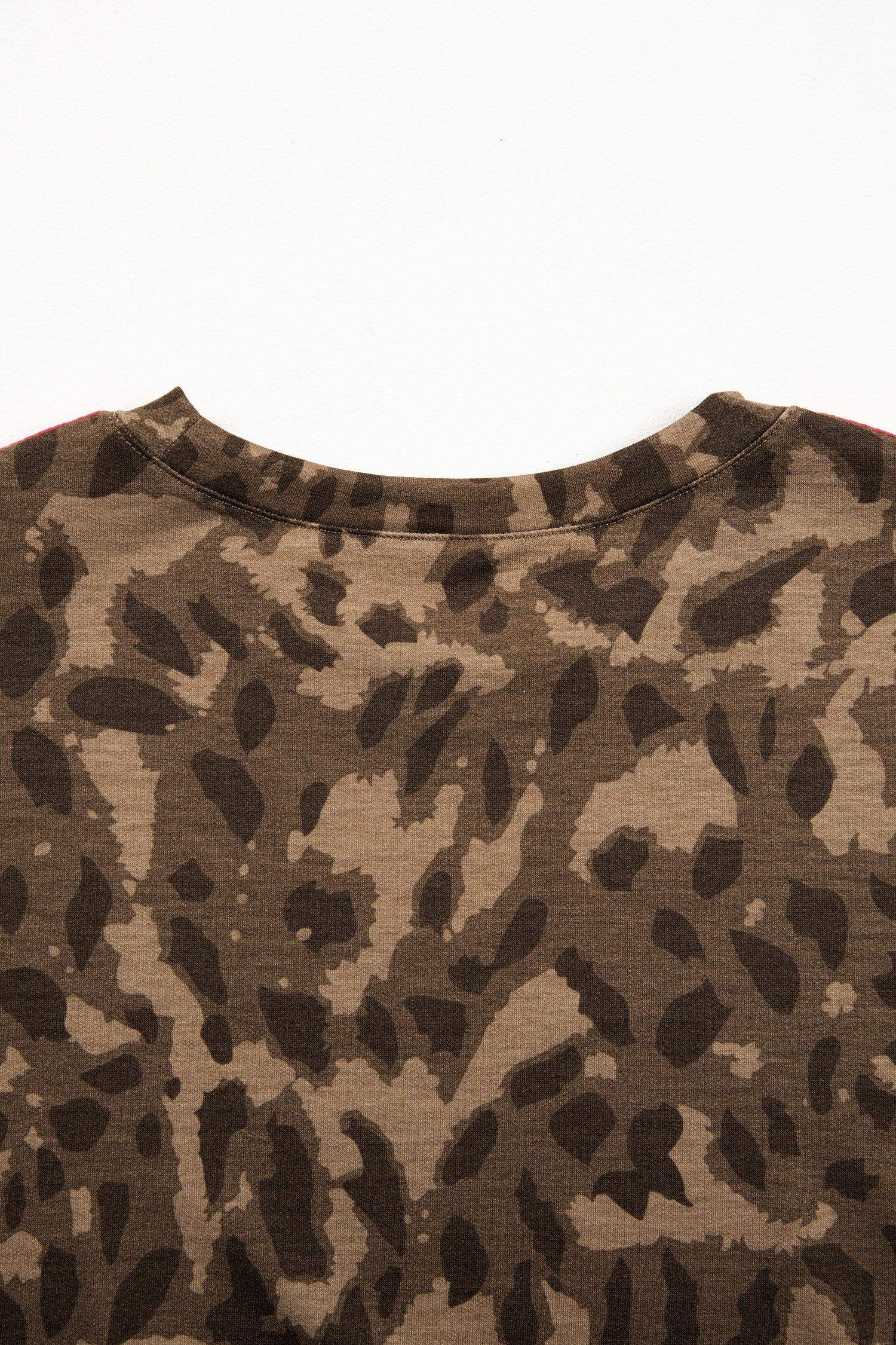 Brown Loose Contrast Striped Accent Leopard T Shirt Mini Dress with Pockets - Sweet Fashion Wholesale