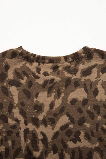 Brown Loose Contrast Striped Accent Leopard T Shirt Mini Dress with Pockets - Sweet Fashion Wholesale