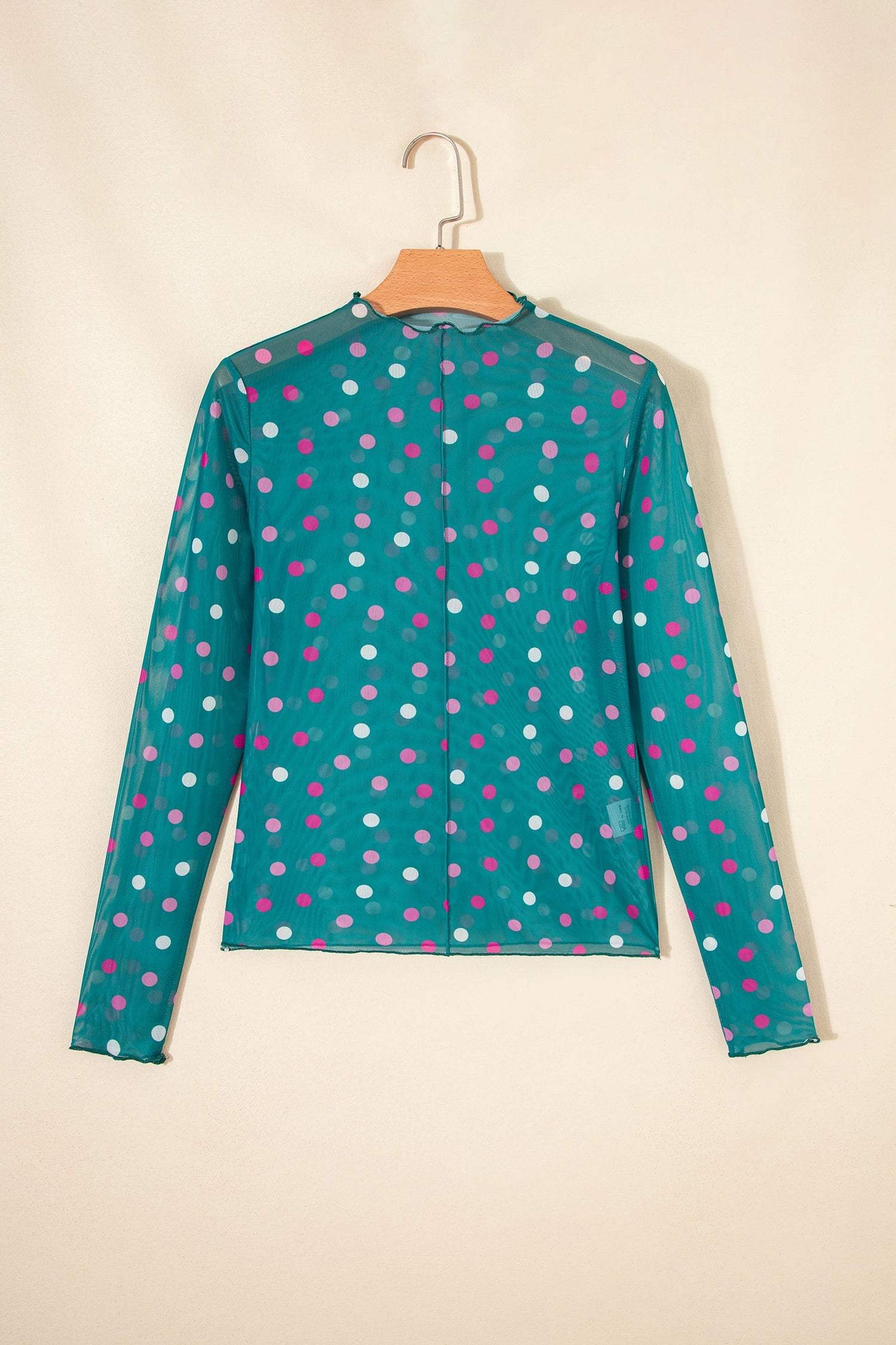 Green Polka Dot Patterned Bodycon Mock Neck Mesh Long Sleeve Top