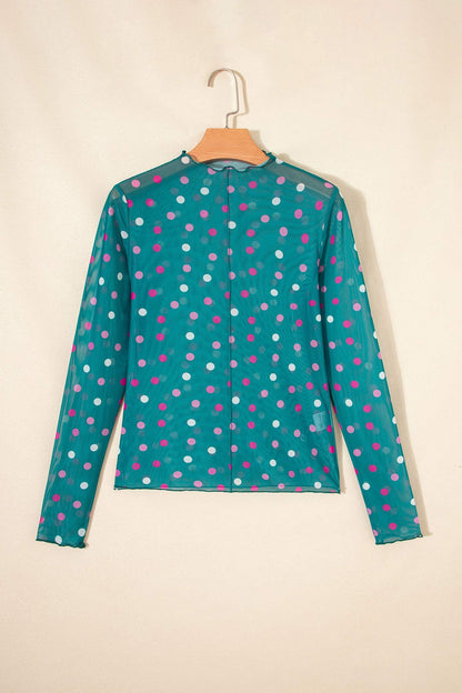 Green Polka Dot Patterned Bodycon Mock Neck Mesh Long Sleeve Top
