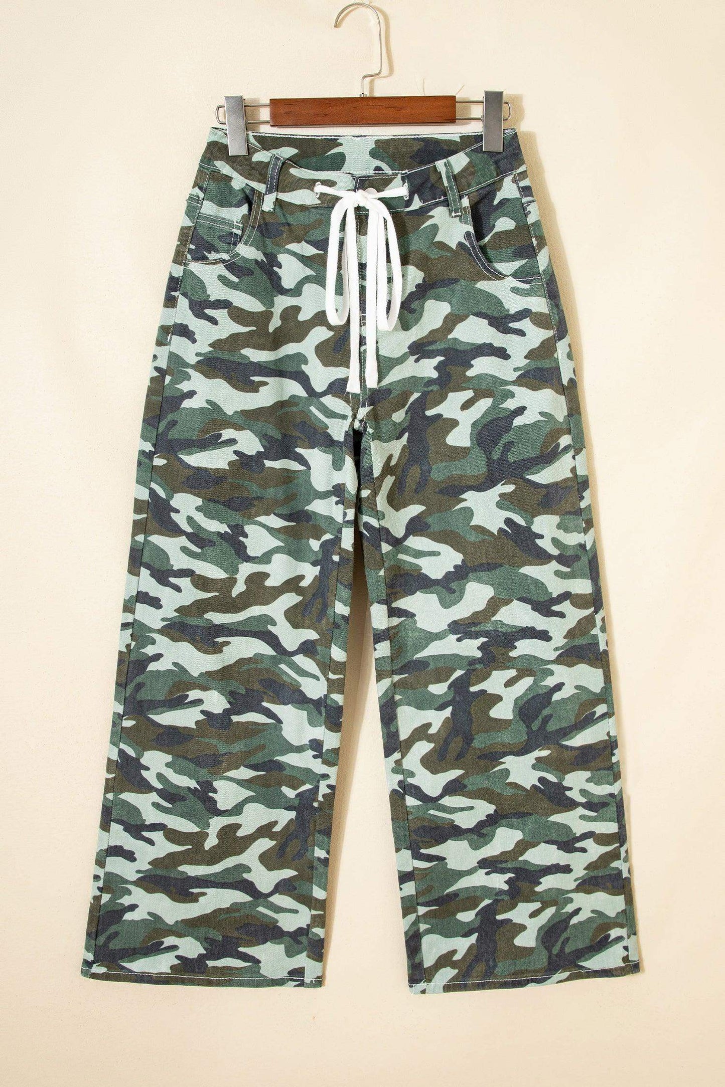 Green Camouflage Print Wide Leg Drawstring Denim Pants - Sweet Fashion Wholesale