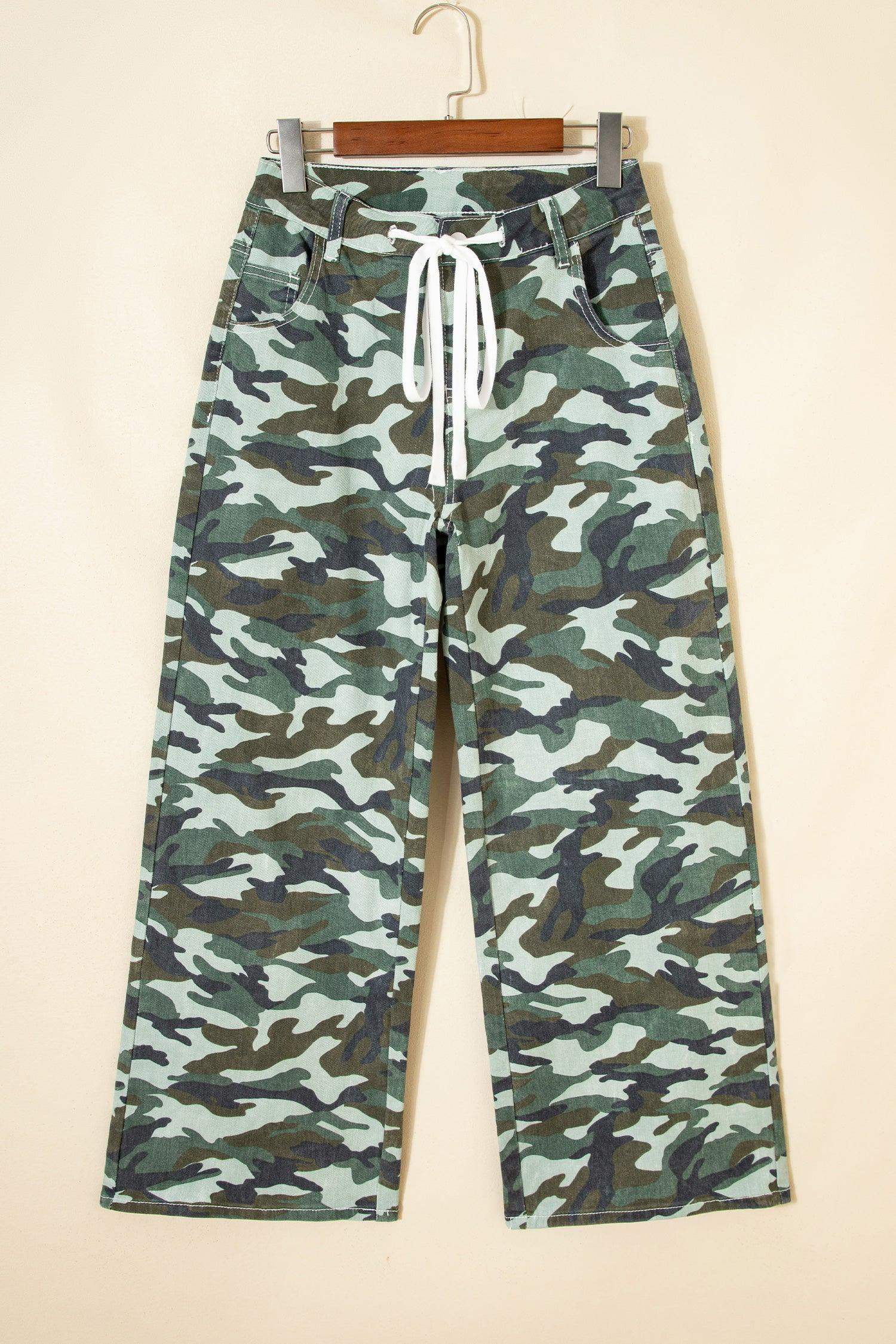 Green Camouflage Print Wide Leg Drawstring Denim Pants - Sweet Fashion Wholesale