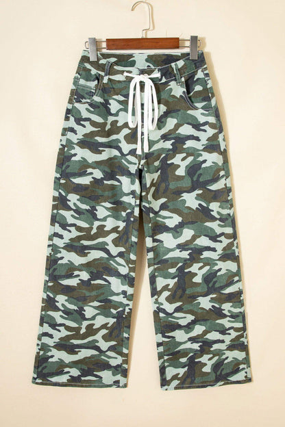Green Camouflage Print Wide Leg Drawstring Denim Pants - Sweet Fashion Wholesale