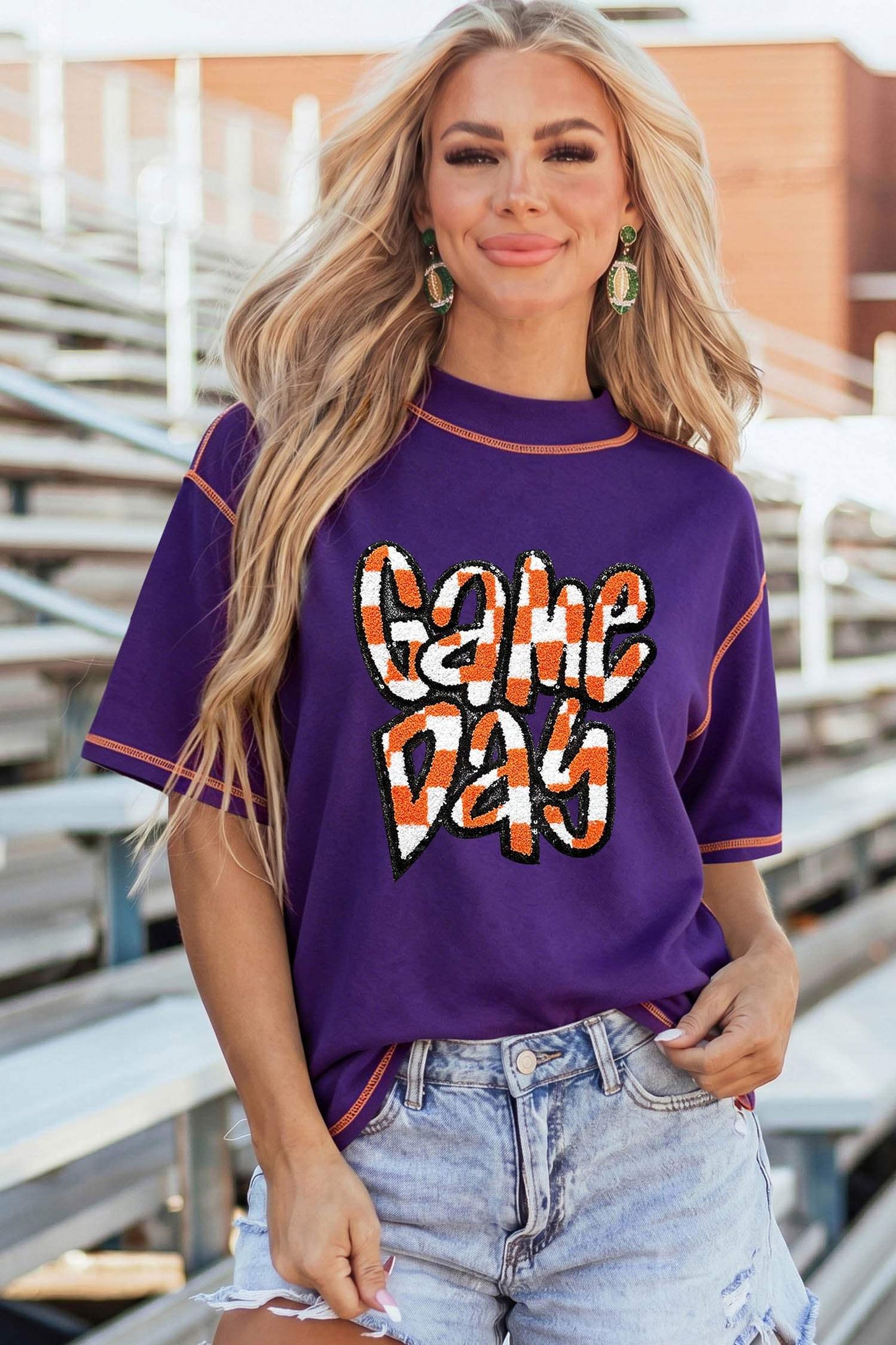 Tillandsia Purple Contrast Seam Detail Checkered Game Day Chenille Graphic Tee