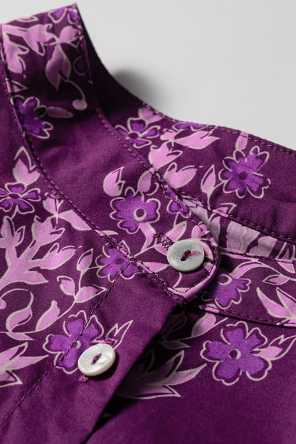 Purple Floral Print Button Front Long Sleeve Round Neck Casual Shift Top