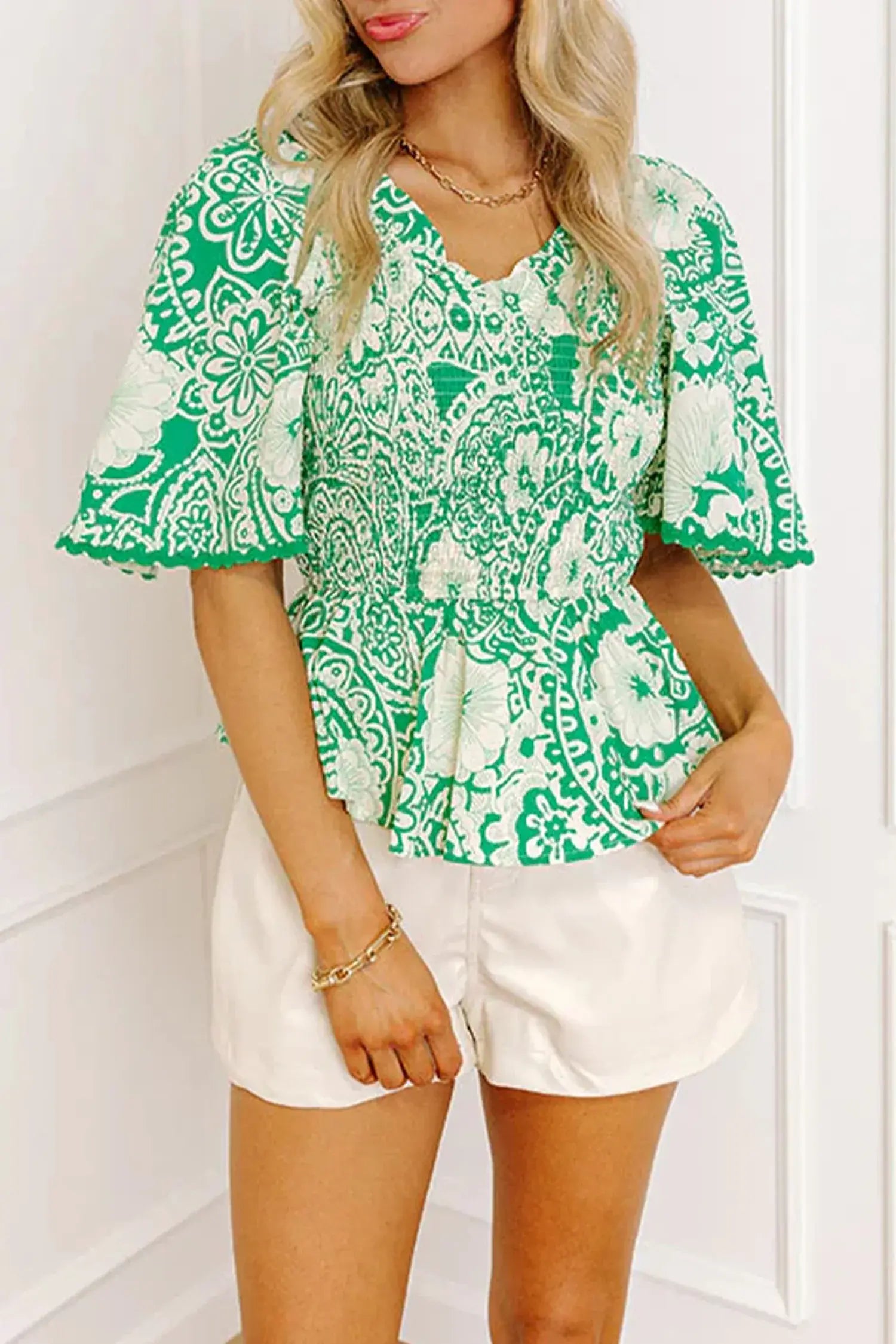 Green Flirty Floral Smocked V Neck Blouse - Sweet Fashion Wholesale