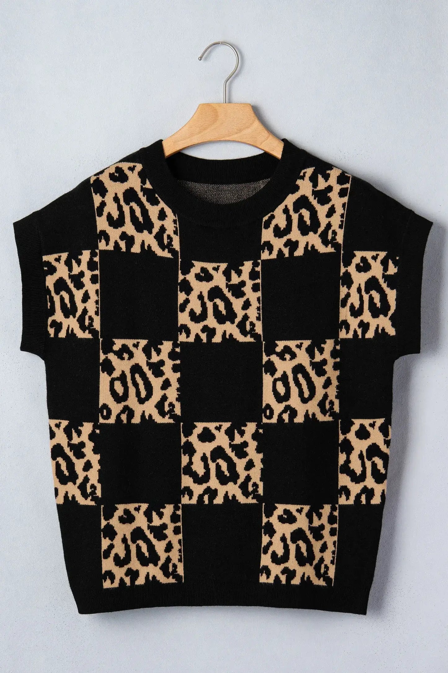 Red Leopard Checkerboard Short Sleeve Knit Sweater - Sweet Fashion Wholesale