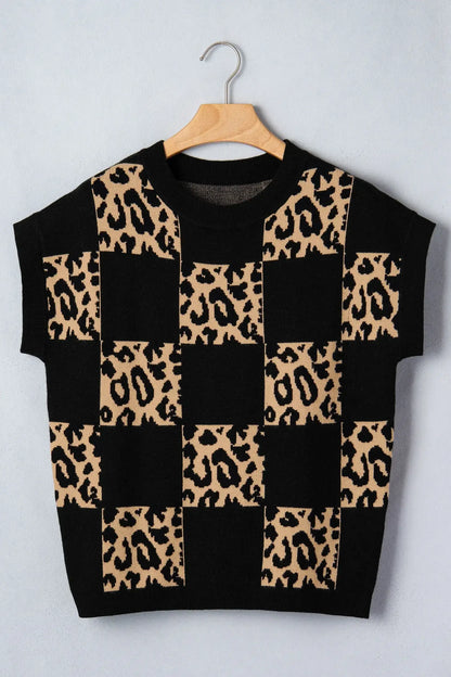 Red Leopard Checkerboard Short Sleeve Knit Sweater - Sweet Fashion Wholesale