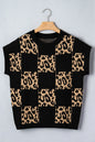 Red Leopard Checkerboard Short Sleeve Knit Sweater - Sweet Fashion Wholesale