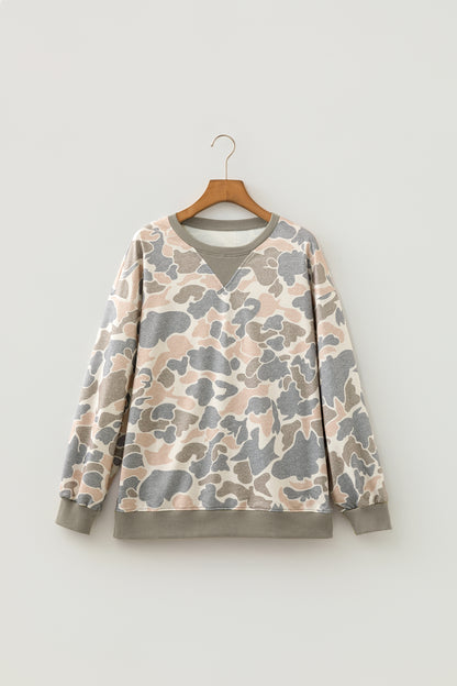 Multicolour Camo Print Ribbed Trim Casual Pullover Sweatshirt
