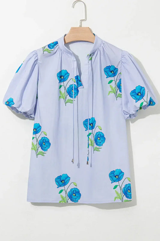 Sky Blue Floral Print Tie Split Neck Short Puff Sleeve Blouse