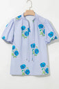 Sky Blue Floral Print Tie Split Neck Short Puff Sleeve Blouse