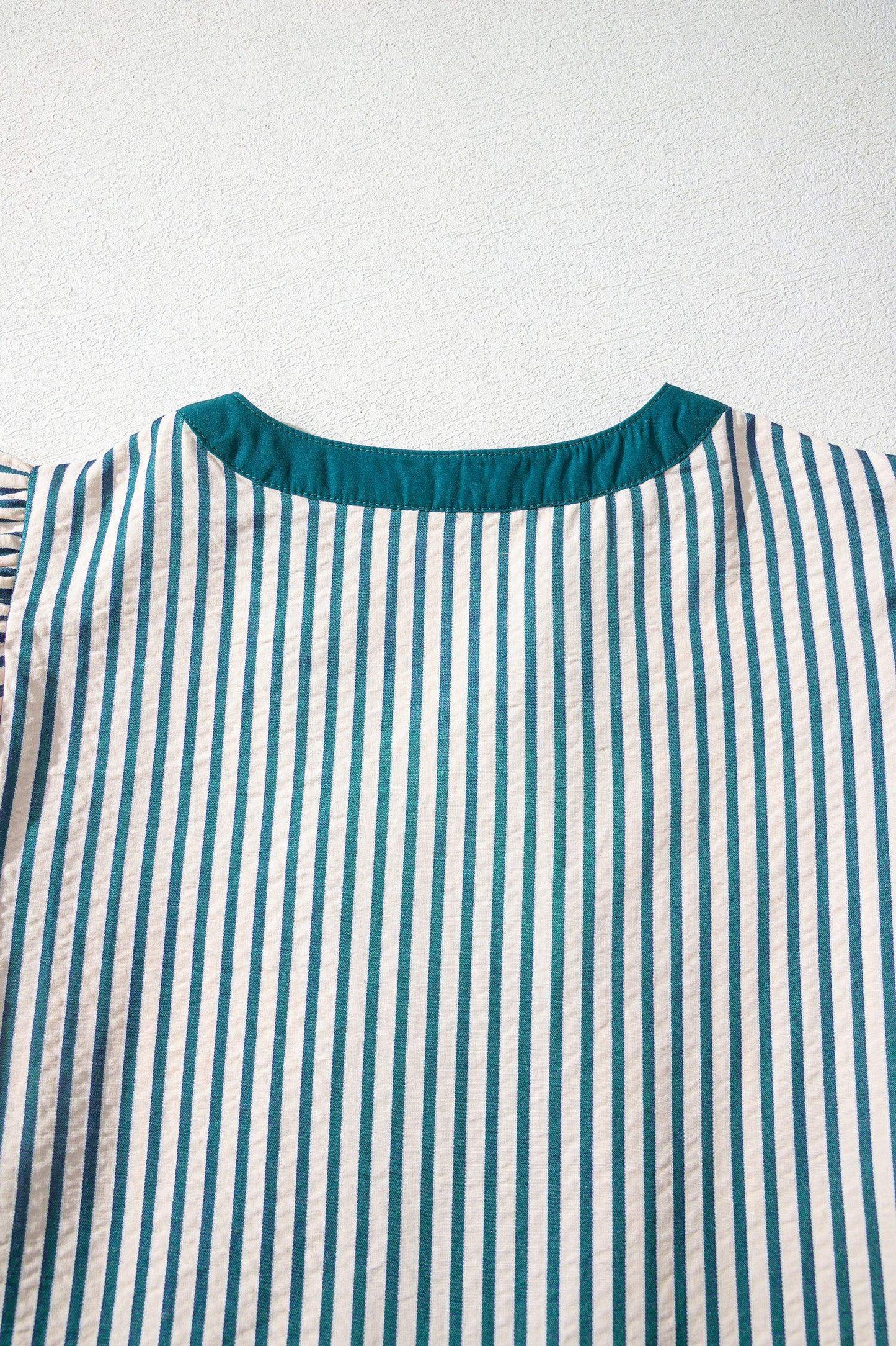 Green Stripe Double Ruffled Short Sleeve Contrast Trim V Neck Midi Dress - Sweet Fashion Wholesale