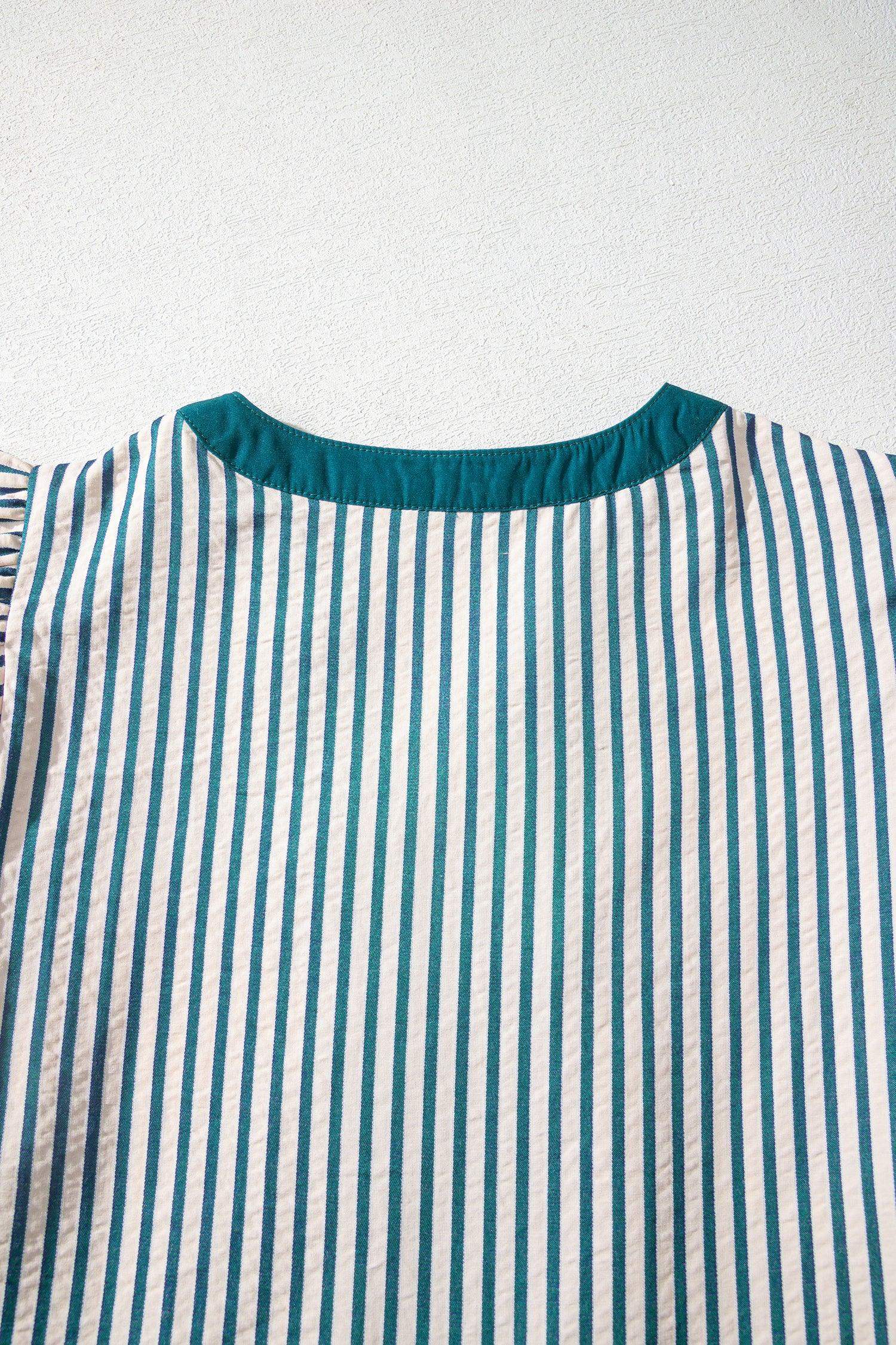 Green Stripe Double Ruffled Short Sleeve Contrast Trim V Neck Midi Dress - Sweet Fashion Wholesale