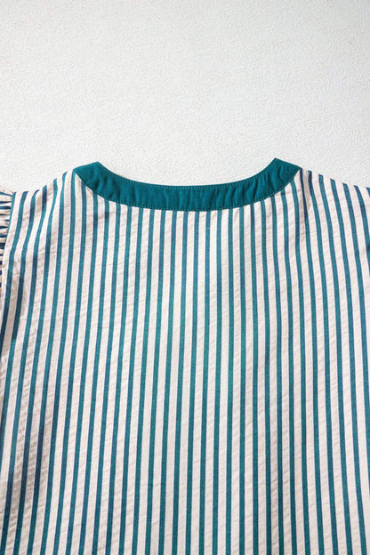 Green Stripe Double Ruffled Short Sleeve Contrast Trim V Neck Midi Dress - Sweet Fashion Wholesale