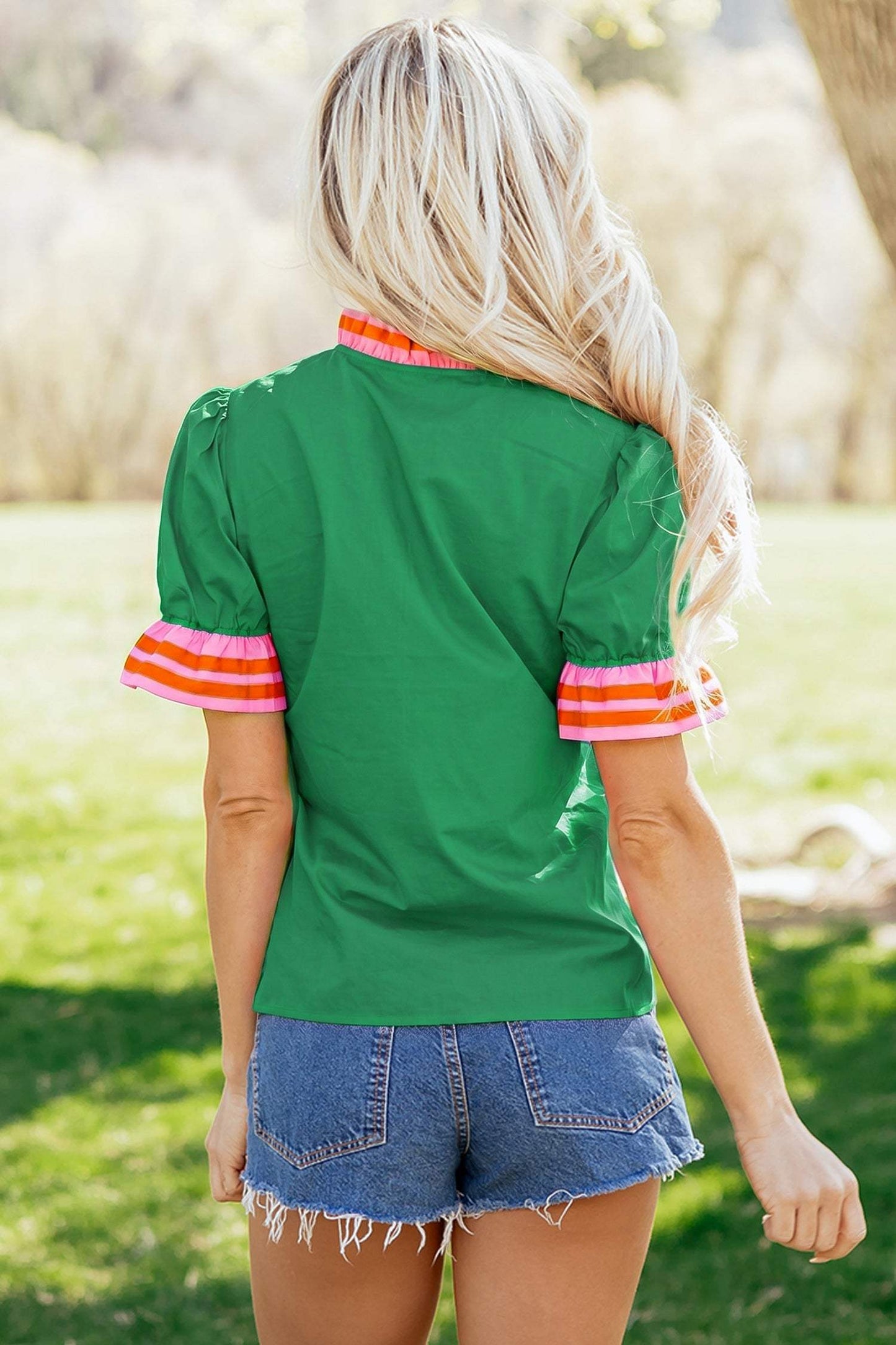 Sky Blue Striped Frilled Collar Ruffled Short Sleeve Blouse