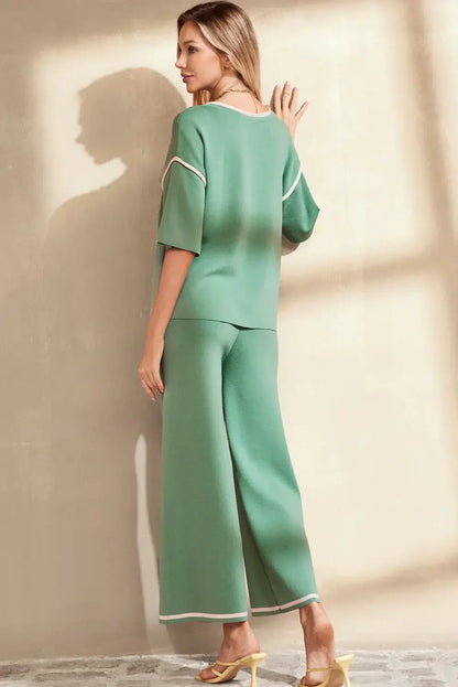 Blackish Green Contrast Trim Half Sleeve Top Drawstring Pants Loose 2pcs Sweater Suit - Sweet Fashion Wholesale