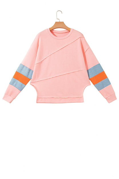 Pink Colorblock Striped Patchwork Long Sleeve Round Neck Blouse