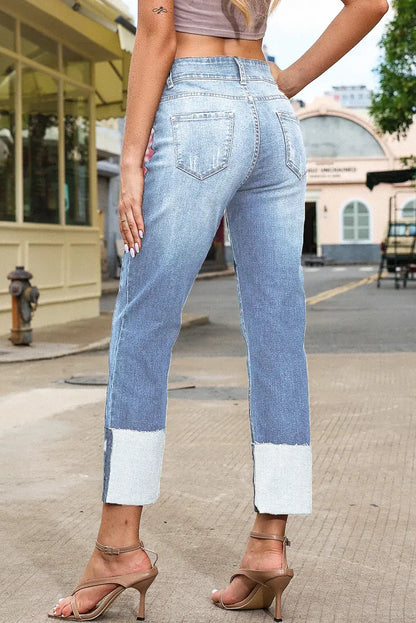 Sky Blue High Waist Distressed Straight Leg Jeans - Sweet Fashion Wholesale