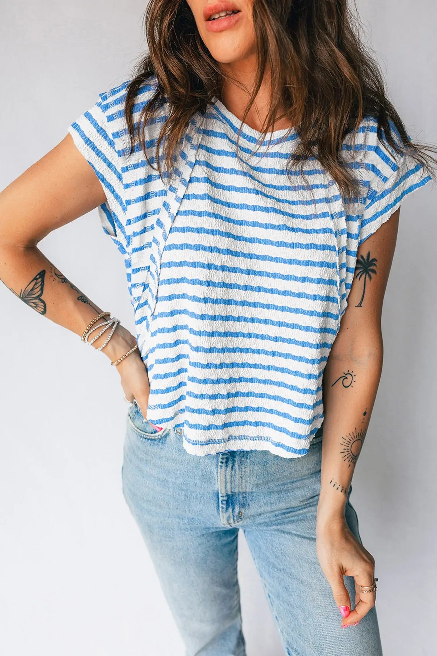 Blue Stripe Textured Short Sleeve Patchwork T Shirt - Sweet Fashion Wholesale
