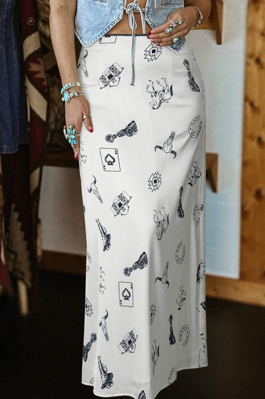 White Western Print Satin Long Skirt