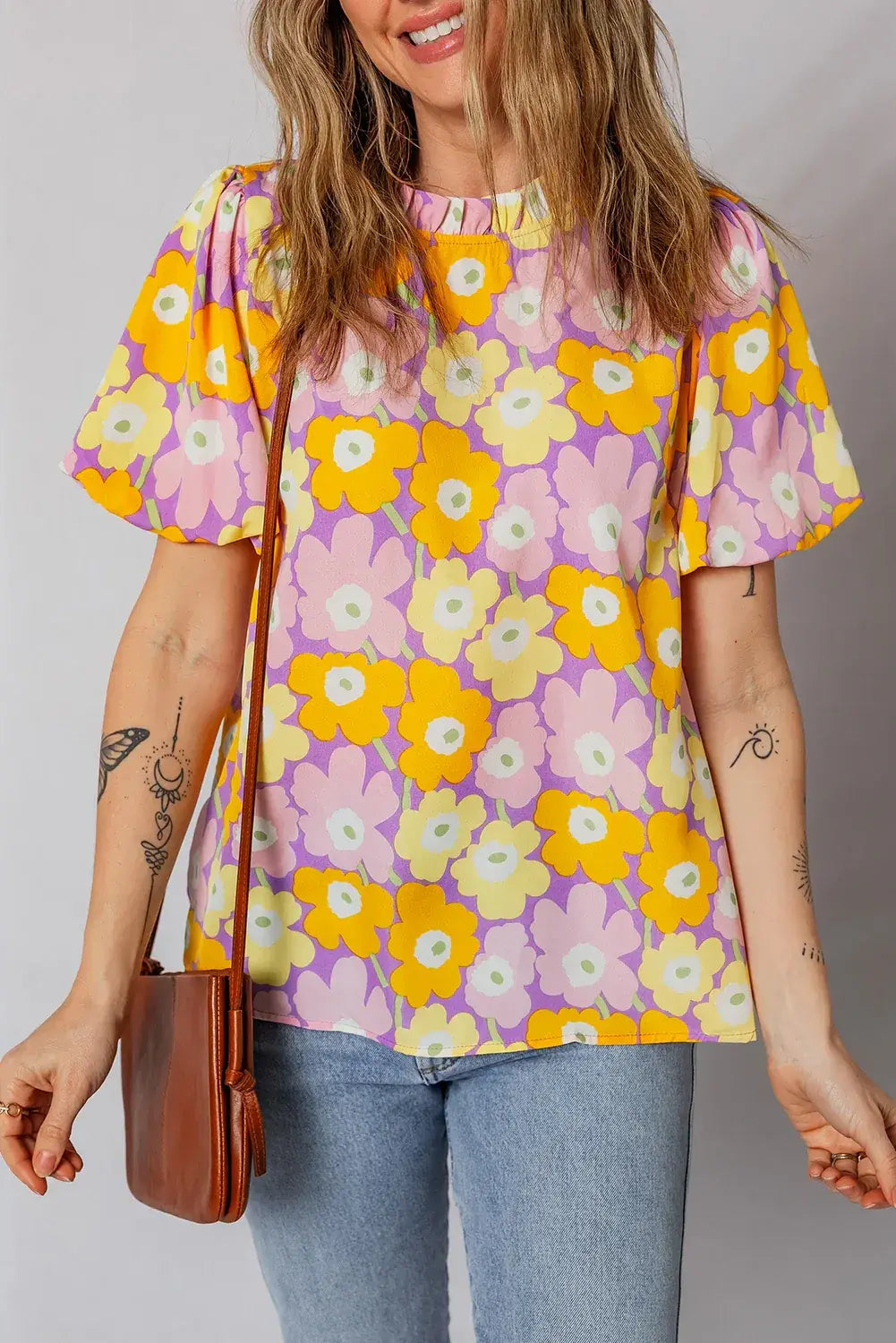 Purple Frilled Neck Puff Short Sleeve Flower Top - Sweet Fashion Wholesale