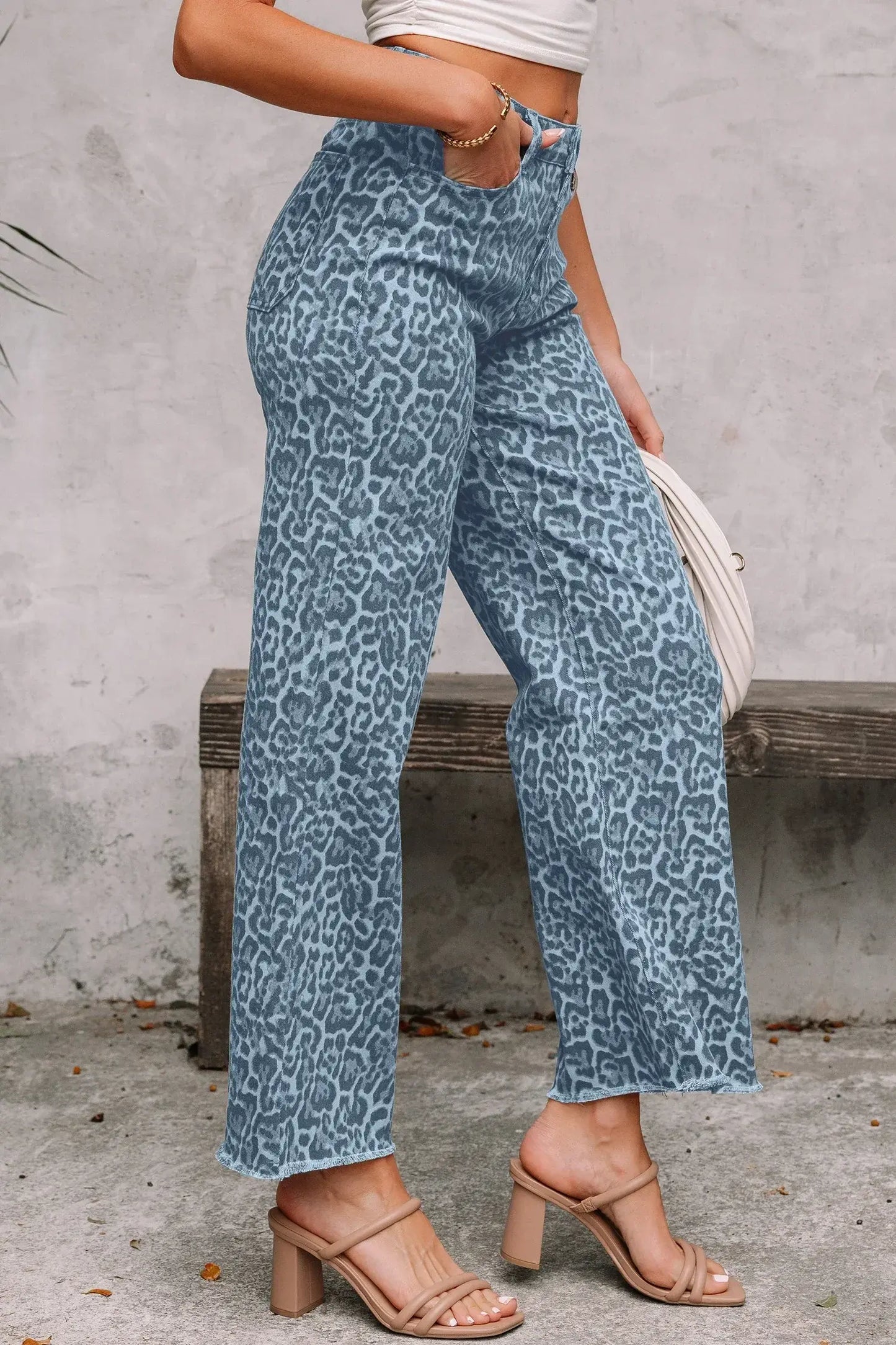 Gray Leopard Frayed Edge Wide Leg High Waist Jeans - Sweet Fashion Wholesale