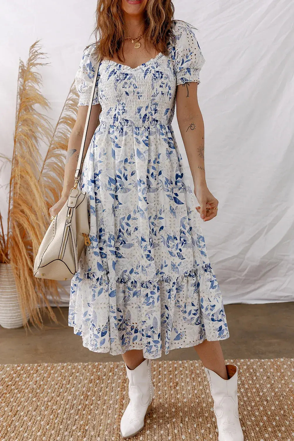 Sky Blue Smocked Bodice Short Puff Sleeve Tiered Floral Midi Dress - Sweet Fashion Wholesale