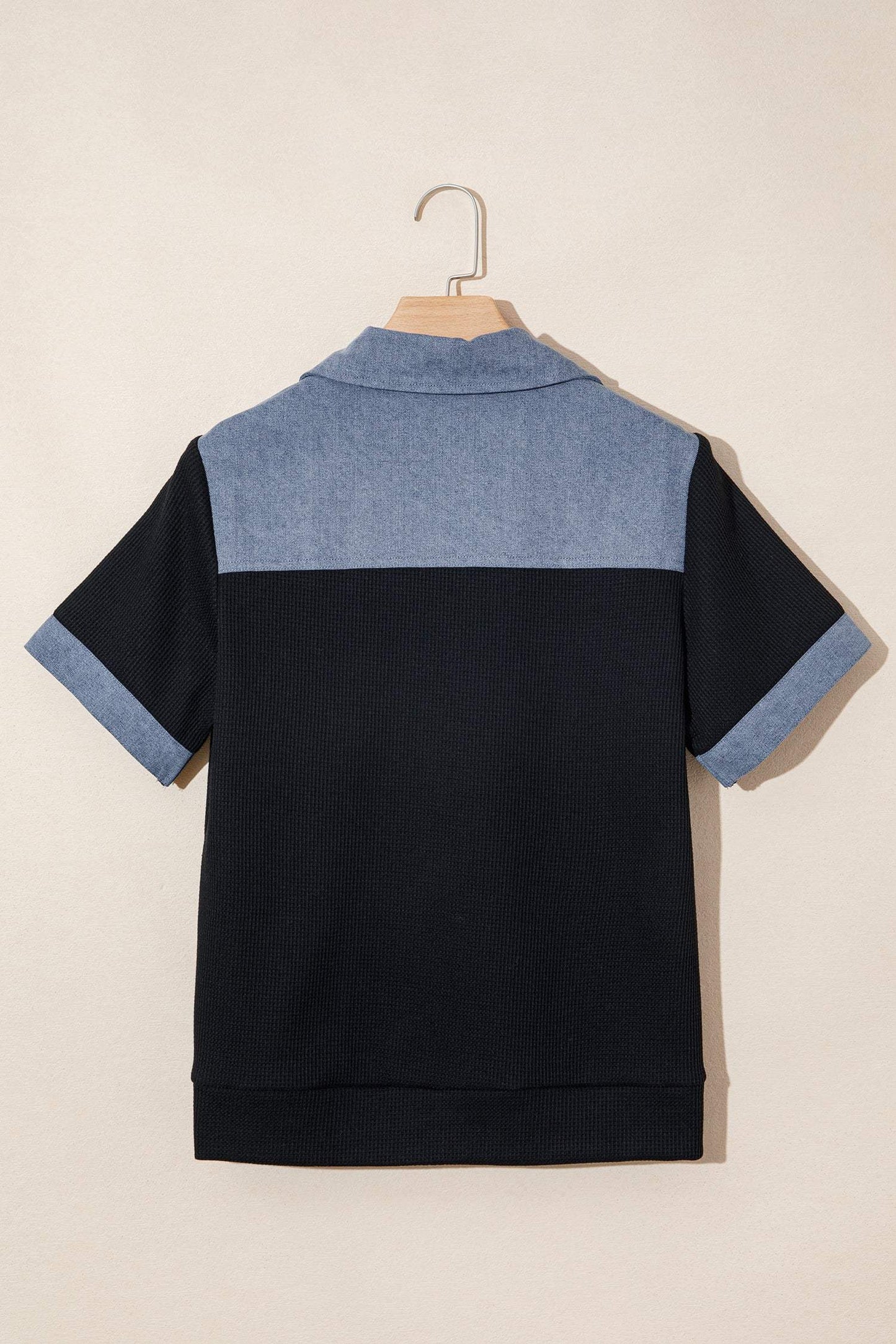 Black Waffle Knit Denim Color Block Patchwork Button Flap Polo Top