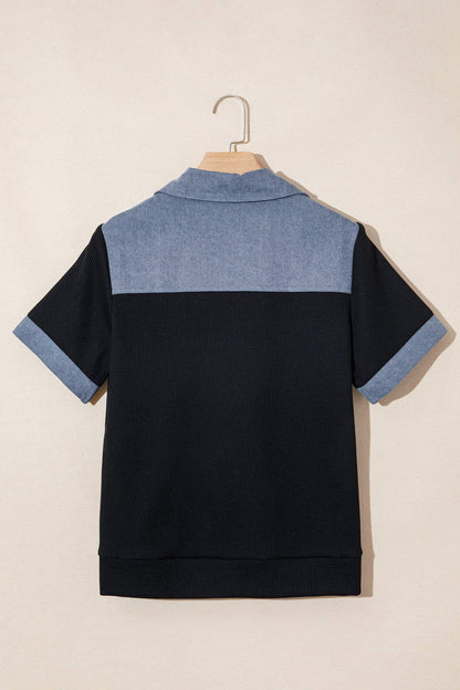 Black Waffle Knit Denim Color Block Patchwork Button Flap Polo Top