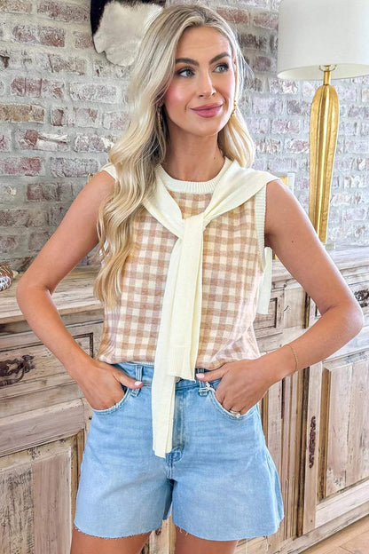 Khaki Gingham Plaid Knit Detachable Shawl Wrap Sweater Tank Top