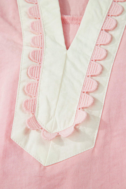 Light Pink Scallop Color Block Trim Puff Sleeve Mini Dress