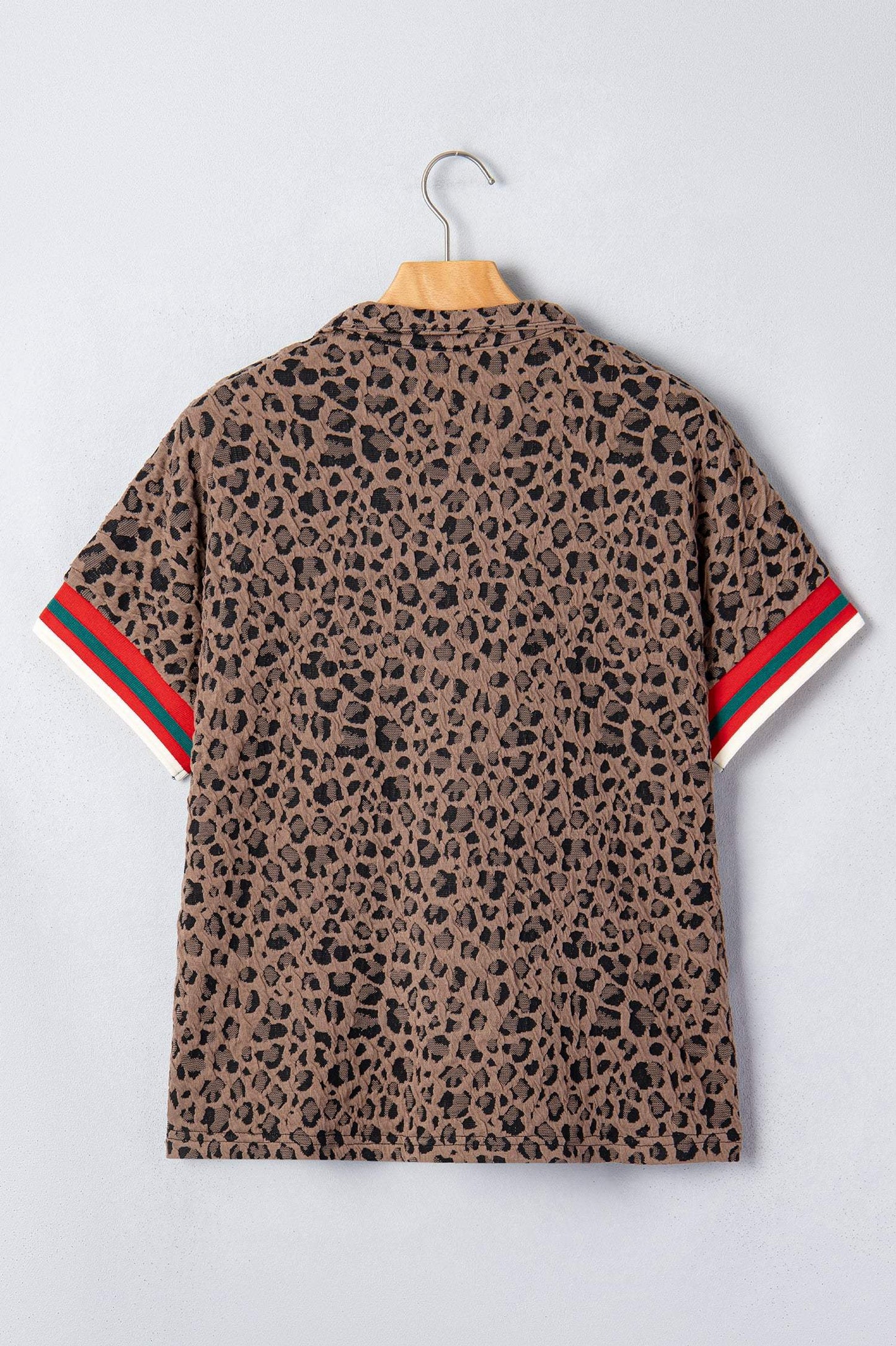 Brown Leopard Jacquard Striped Patchwork Half Zip Short Sleeve Blouse