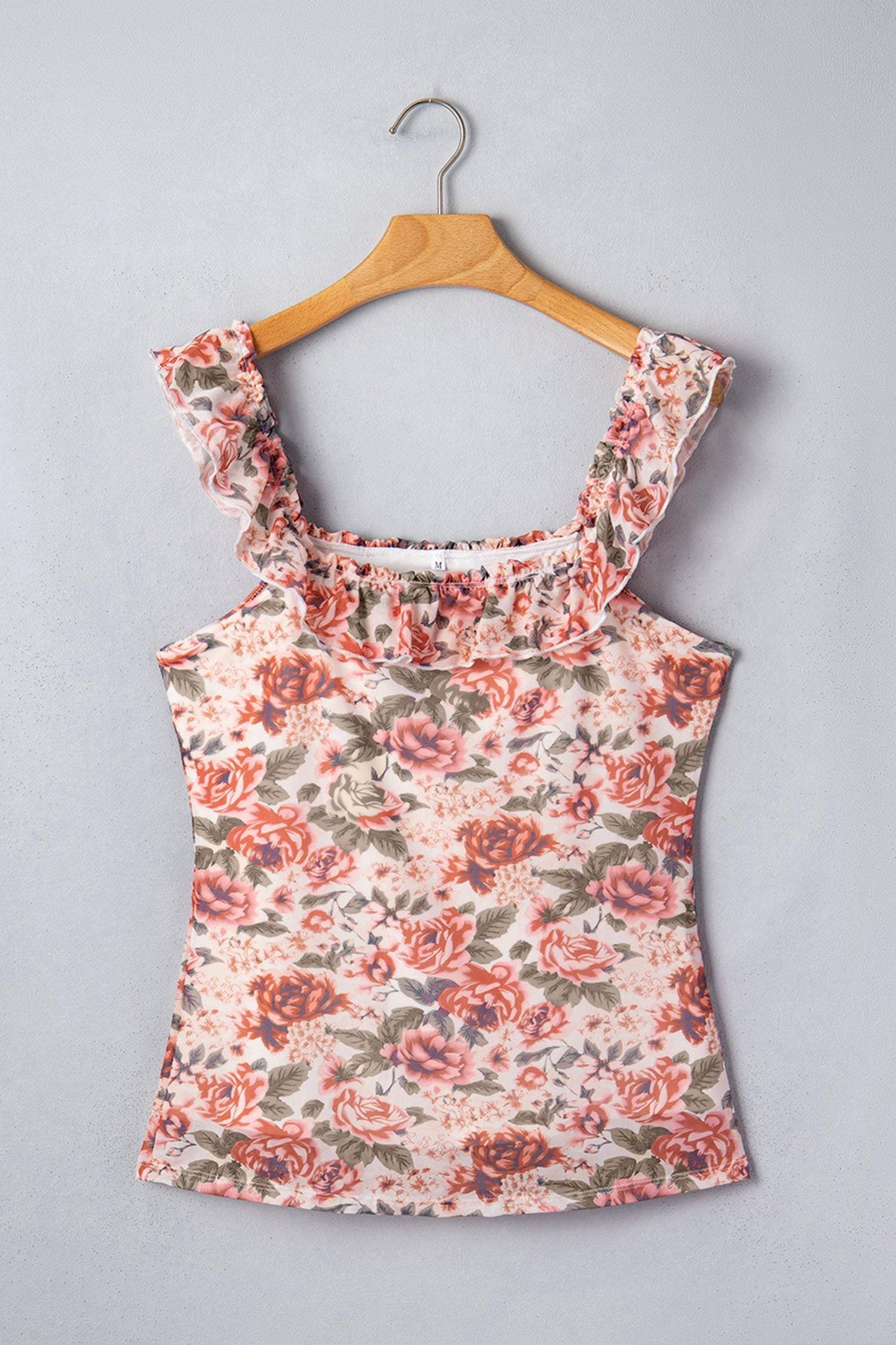 Multicolour Retro Floral Ruffle Trim Square Neck Tank Top