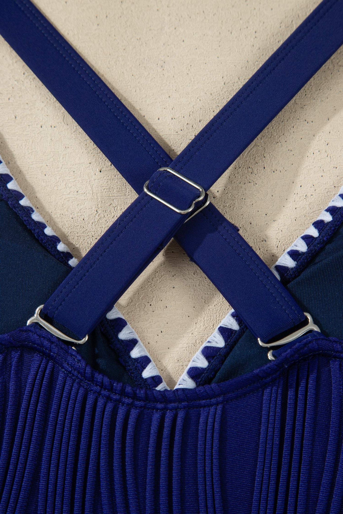 Dark Blue Shell Stitched Trim V Neck Textured Mix and Match High Waist Bikinis