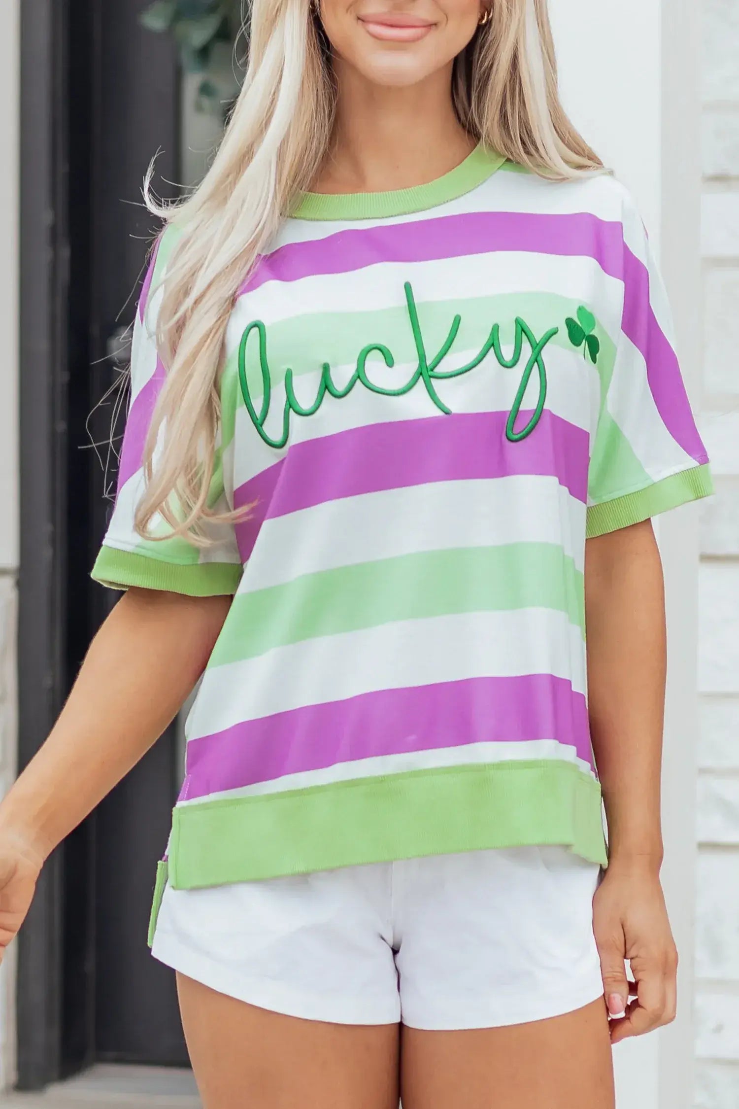 Green Stripe Lucky Clover Embroidered Graphic Dolman Loose Tee - Sweet Fashion Wholesale