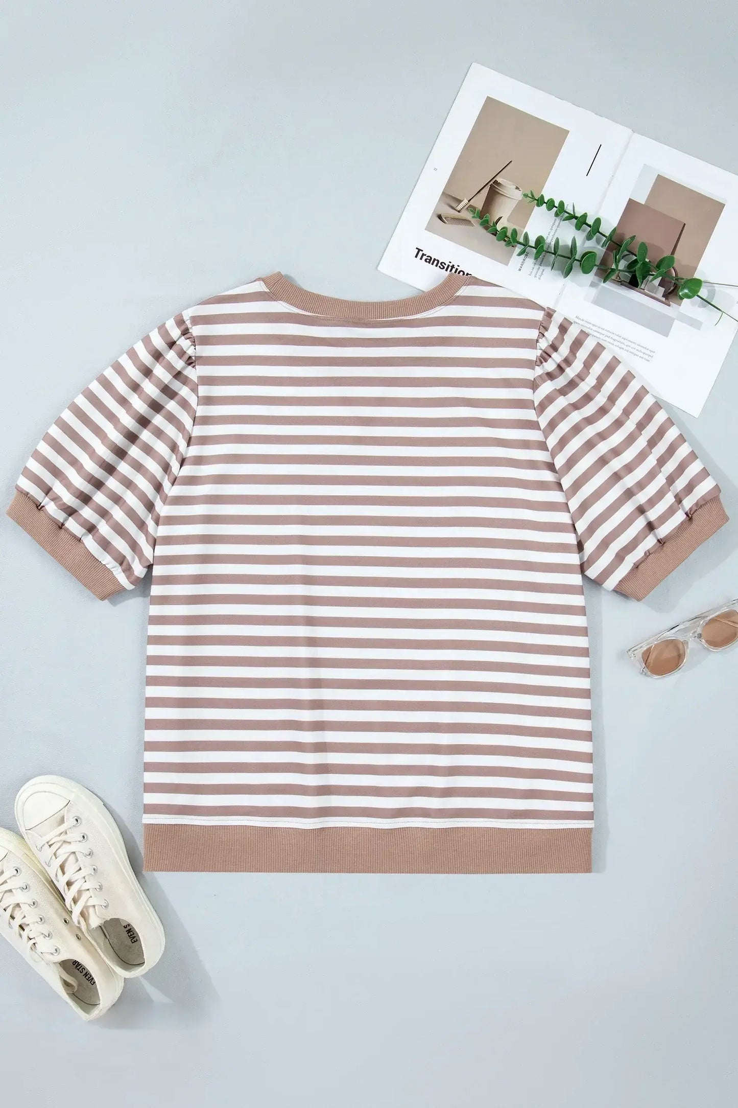 Orange Stripe Ribbed Trim Round Neck Short Puff Sleeve Plus T Shirt - Sweet Fashion Wholesale