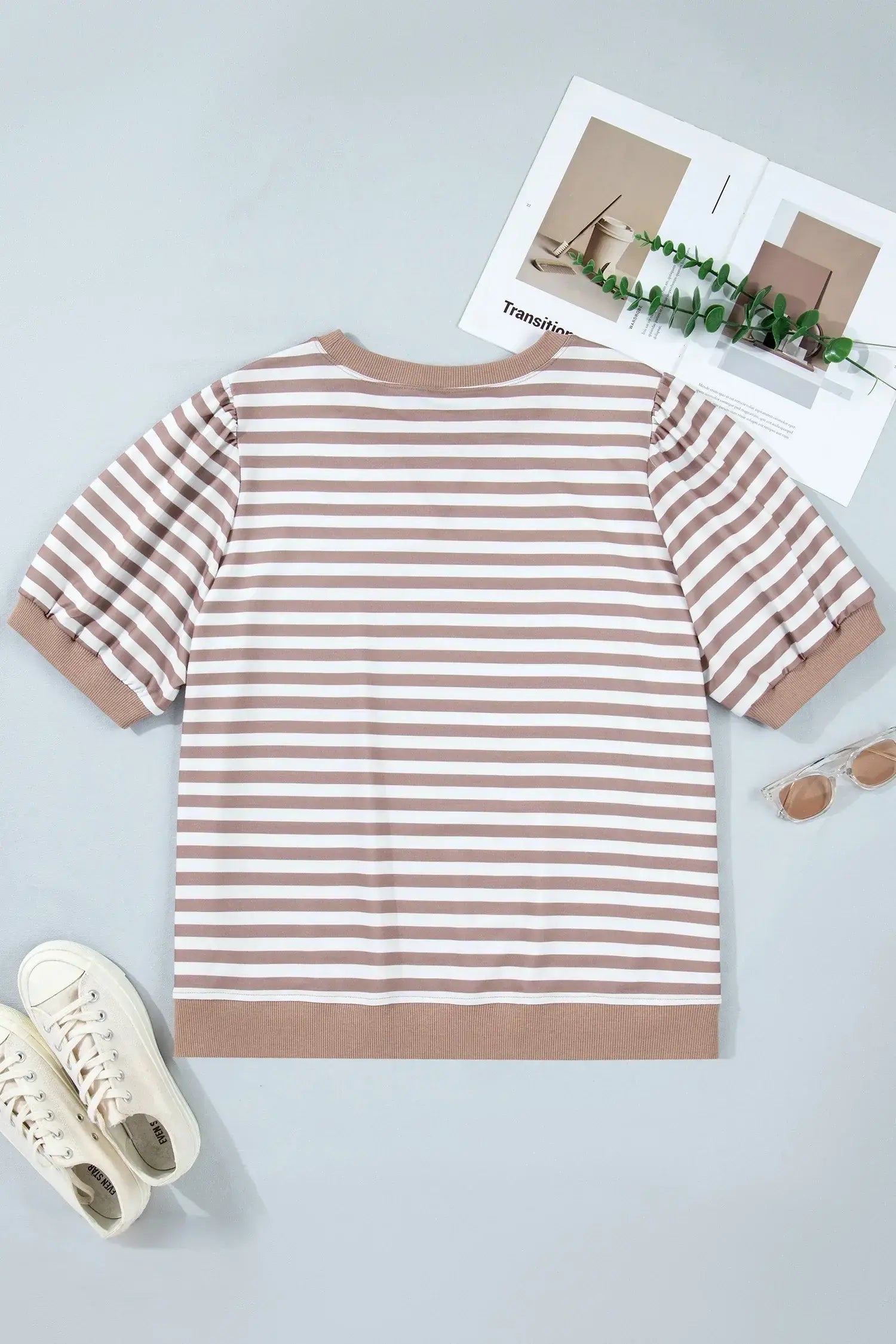 Orange Stripe Ribbed Trim Round Neck Short Puff Sleeve Plus T Shirt - Sweet Fashion Wholesale