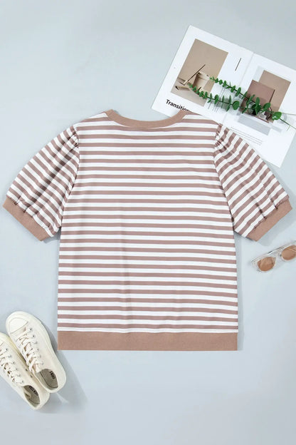 Orange Stripe Ribbed Trim Round Neck Short Puff Sleeve Plus T Shirt - Sweet Fashion Wholesale