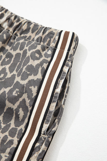 Multicolour Leopard Pattern Striped Detail Drawstring Denim Shorts