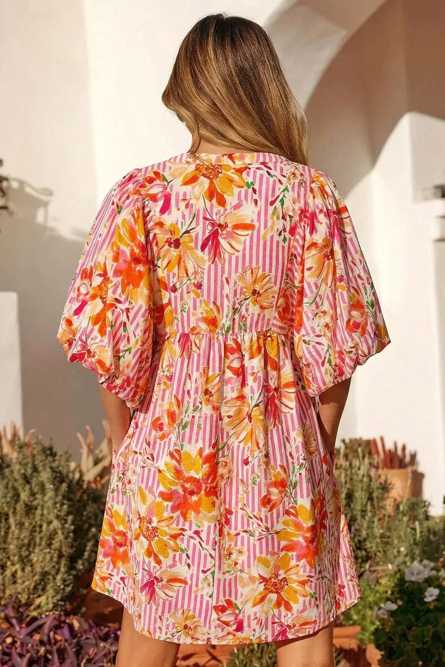 Pink Striped Floral Print Tie Neck Puff Sleeve Loose Mini Dress - Sweet Fashion Wholesale