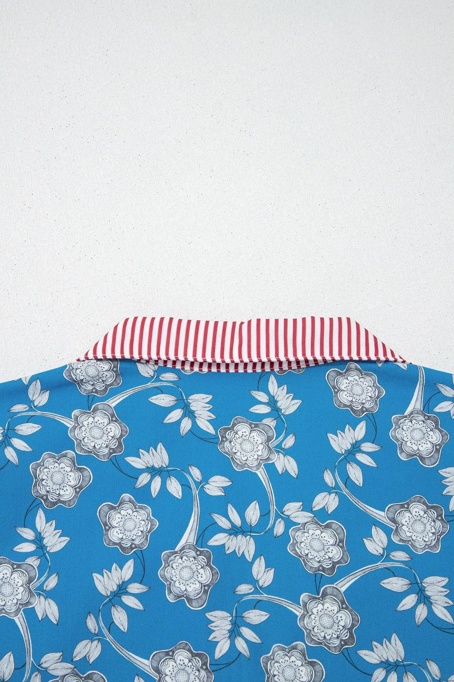 Blue Retro Floral Print Striped Trim Button Neck Short Sleeve Blouse - Sweet Fashion Wholesale